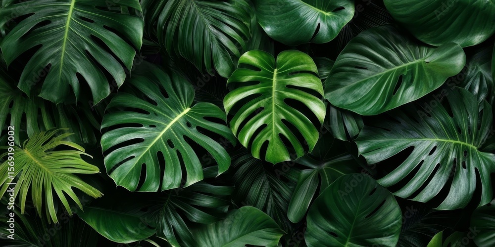 Naklejka premium Lush Monstera Leaves in a Dense Layout, Showcasing Vibrant Green Foliage for Tropical Aesthetic
