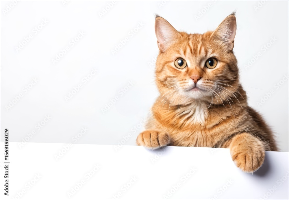 Alert orange tabby cat peeking over a white surface, watching curiously with bright eyes on a clean white background. Alert orange tabby cat peeking over a white surface, watching curiously with bright eyes on a clean white background.