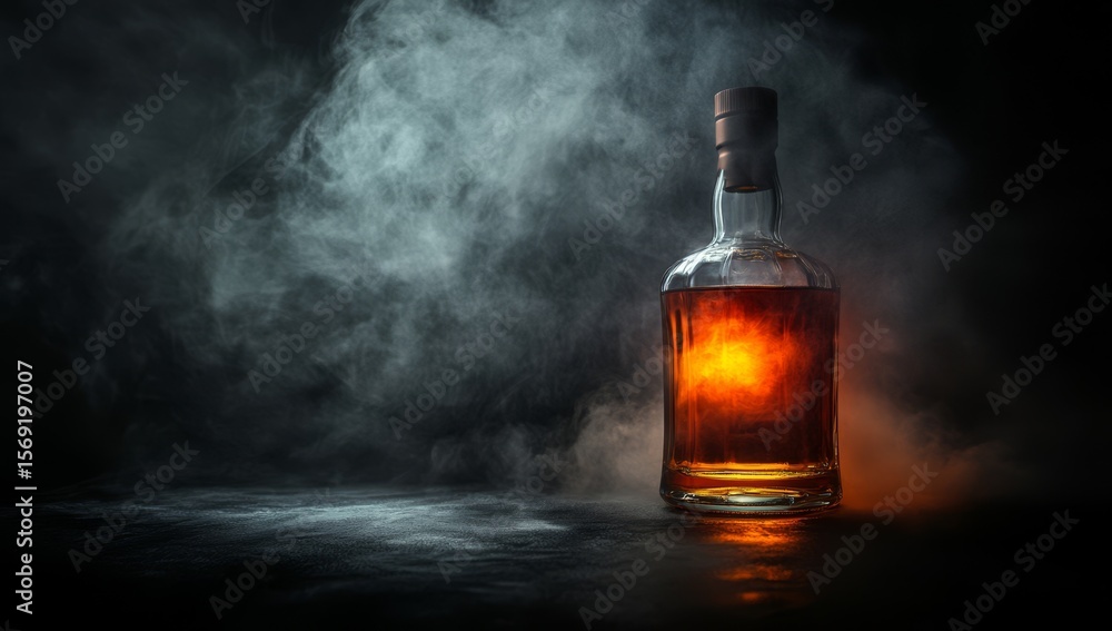 Whisky bottle in smoky dark room Whisky bottle in smoky dark room