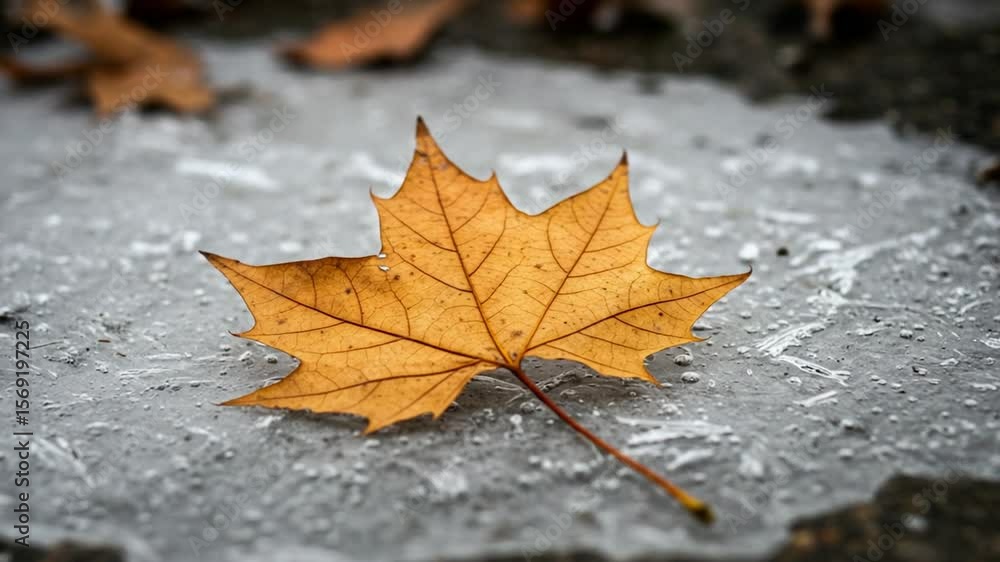 Autumn leaf resting on icy surface in tranquil setting Autumn leaf resting on icy surface in tranquil setting