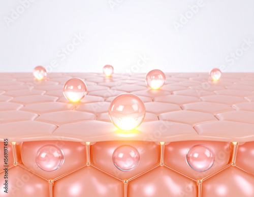 Close-up of skin cells with spheres of liquid, possibly representing hydration or skincare.