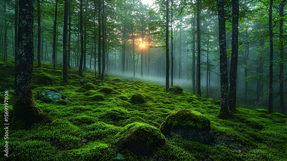 Obraz premium Misty sunrise in a lush green forest with moss-covered rocks.