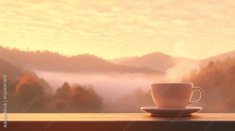 Sunrise coffee cup on wooden table Sunrise coffee cup on wooden table