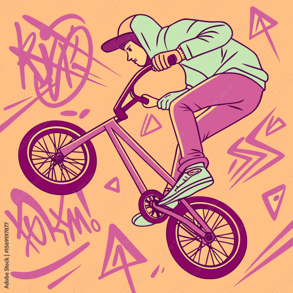 Fototapeta premium BMX Bike Mid-Air with Neon Graffiti Background – Extreme Urban Sports Action, 80s Retro Vibe Art, Adrenaline Street Stunt, Cyberpunk Bike Illustration, Dynamic Motion Poster