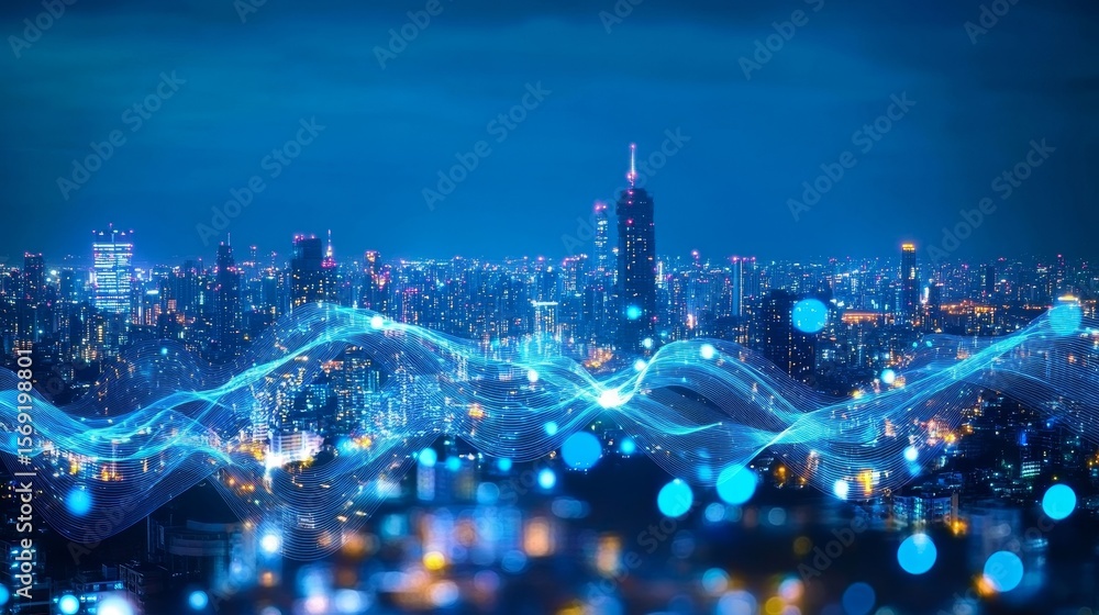 Obraz premium Smart City Networking Data Connectivity and Communication Infrastructure in Urban Nightscape