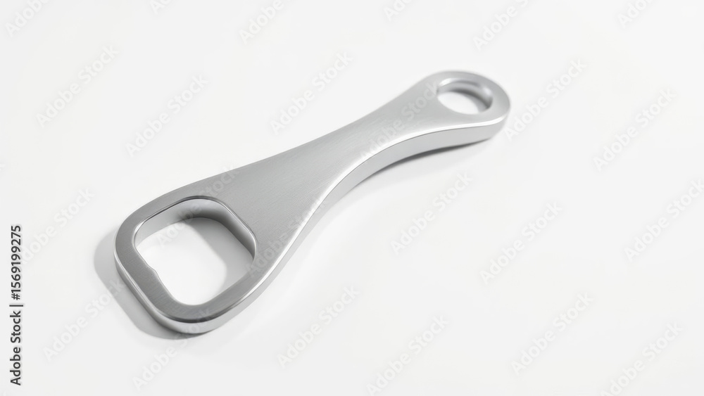 Brushed aluminum bottle opener resting on a clean white background, showcasing a sleek and modern design, ready for opening beverages Brushed aluminum bottle opener resting on a clean white background, showcasing a sleek and modern design, ready for opening beverages