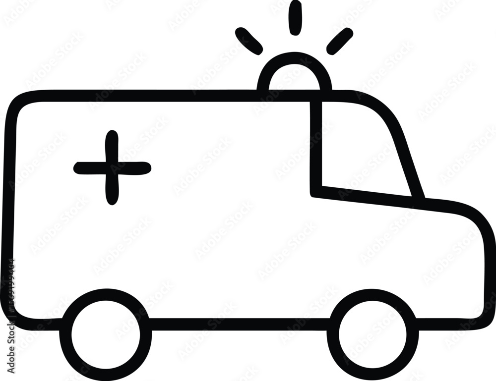 Simple outline icon of an ambulance with a red cross and flashing light Simple outline icon of an ambulance with a red cross and flashing light