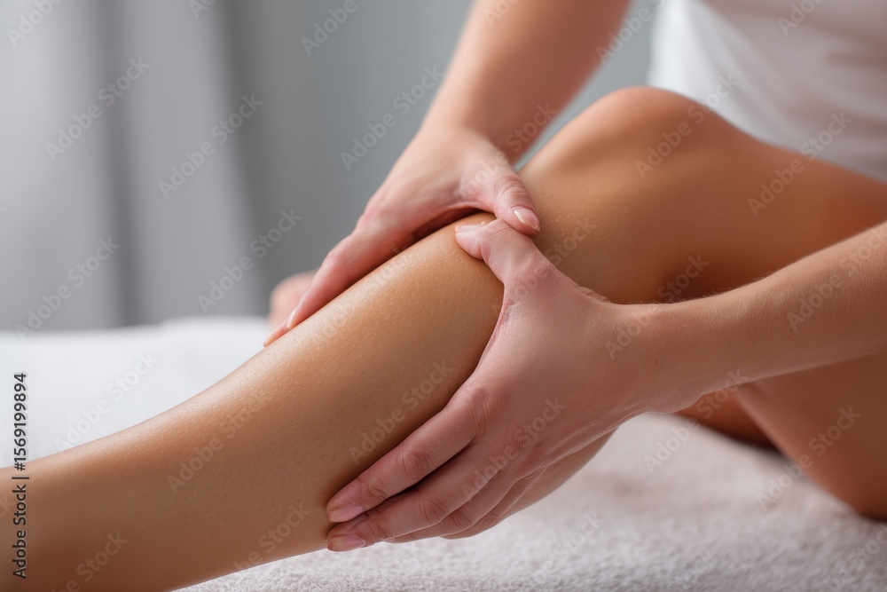 Lymphatic Drainage Massage. Masseuse Performing Anti-Cellulite Massage on Female Calf Lymphatic Drainage Massage. Masseuse Performing Anti-Cellulite Massage on Female Calf