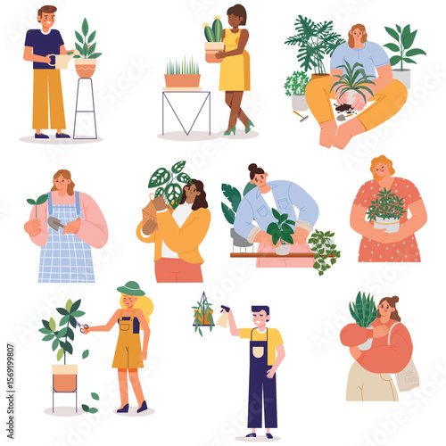 flat illustration people taking care plants