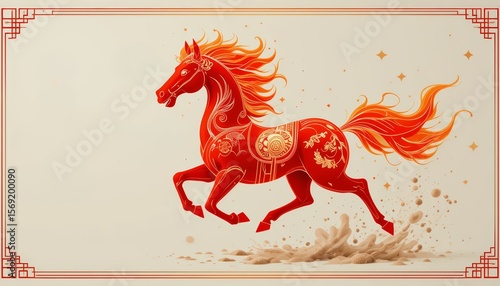Artistic illustration of a red horse with fiery mane galloping dynamically on a light background with traditional decorative corner elements.. symbol of the year, 2026