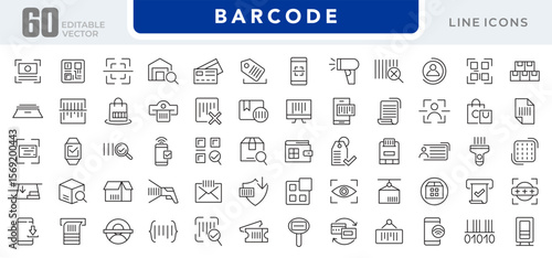 Barcode linear icon set. register, barcode, tracking, tag, price, read, code, payment, QR Code, password. security system, scanner line icon set. UI thin line icon pack.