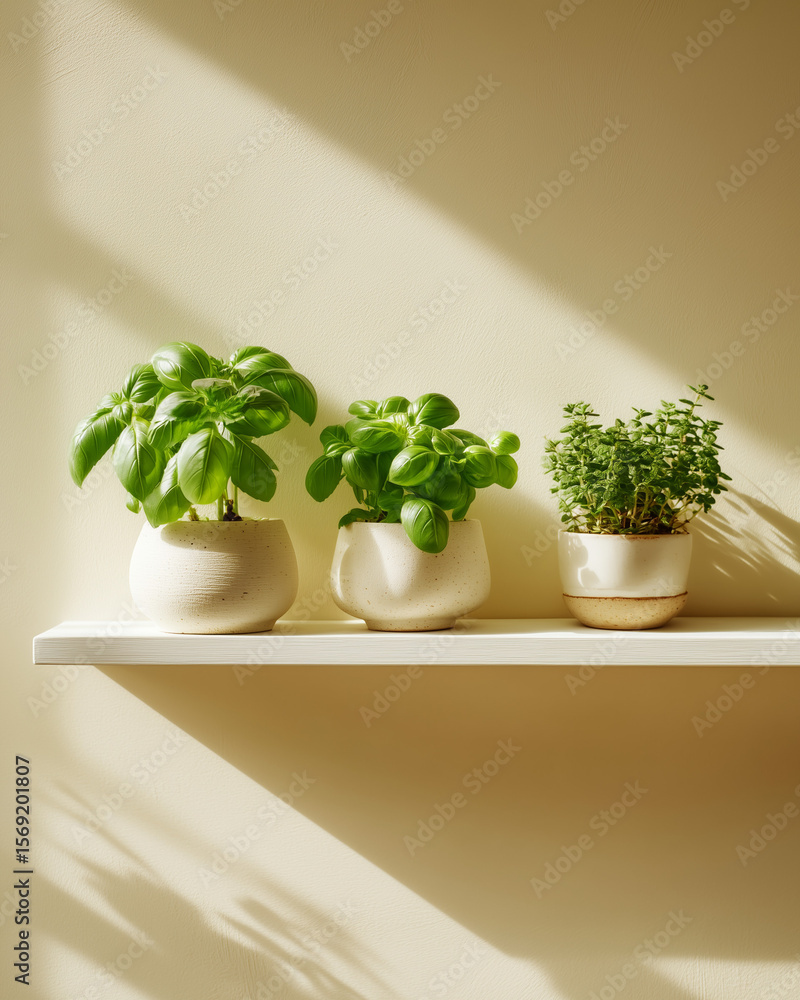 Fototapeta premium Three Potted Green Plants on White Shelf in Sunlit Room