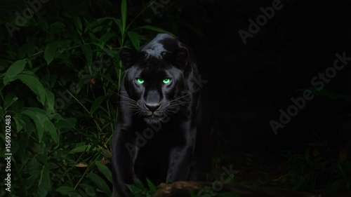 Black panther prowling through dark jungle foliage