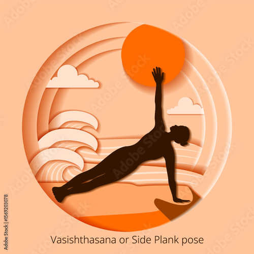 Vasishthasana yoga pose. Side Plank yoga pose. International Yoga Day. Paper cut design. Isolated vector illustration.