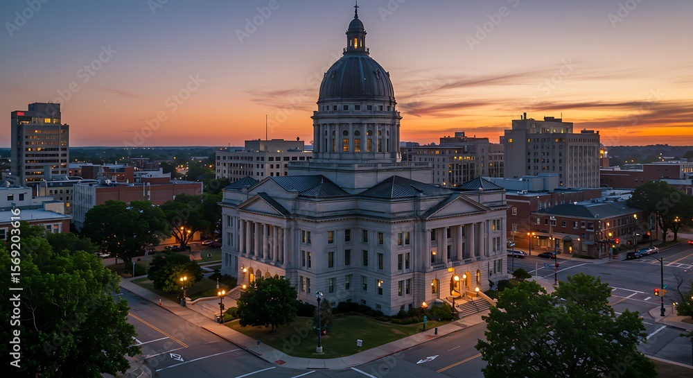 Obraz premium The photograph showcases a prominent government landmark, with its impressive dome and lit windows, dominating a city intersection as the evening lights begin to shine.