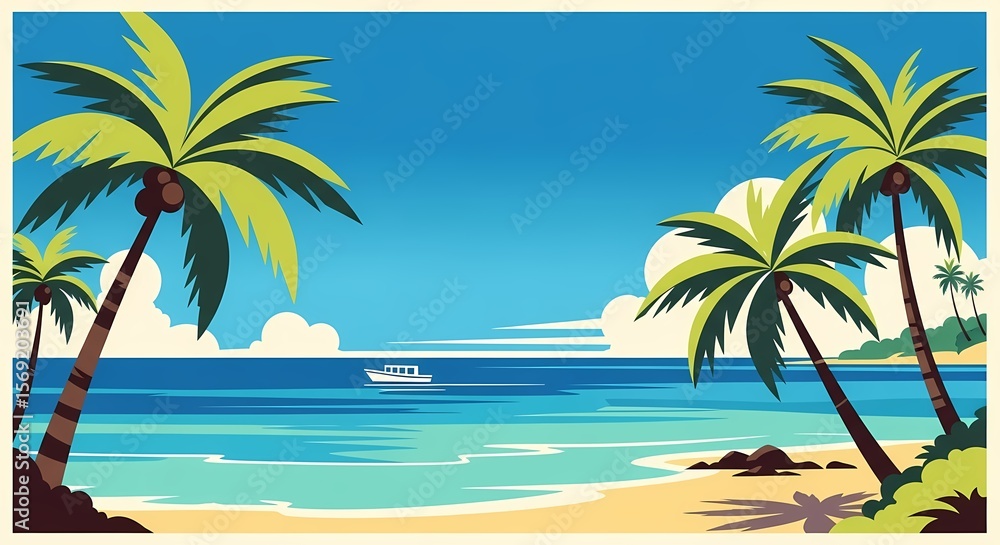 Obraz premium Tropical Beach Paradise Idyllic Coastal Scene with Palm Trees, Azure Ocean, and Sunny Skies - Perfect for Vacation Dreams