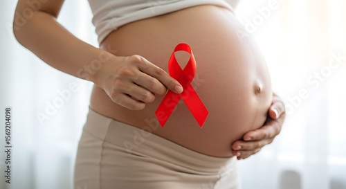 Pregnant Woman Holding Red Ribbon Symbolizing AIDS Awareness