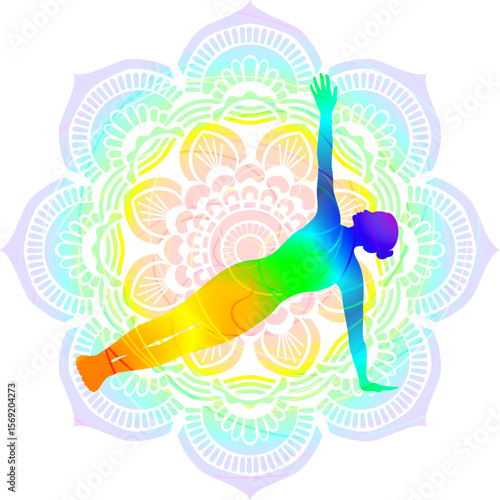 Colorful silhouette of woman practicing Vasishthasana yoga pose. Side Plank yoga pose. Isolated vector illustration