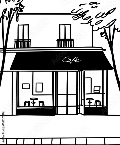 Charming European style cafe front, simple black and white street scene sketch.