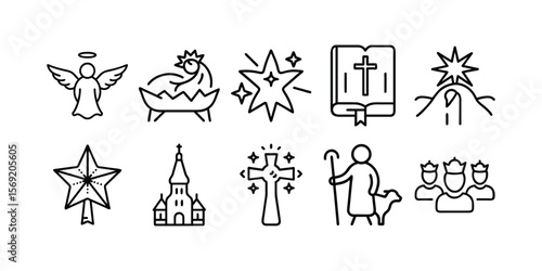 Merry Christmas Day Icon Set – Religious & Spiritual Elements, Line Art, Silhouette Vector Illustration, Icon Bundle