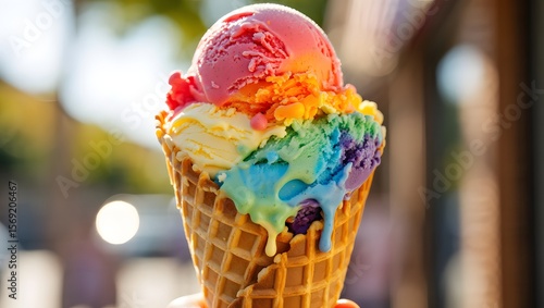 A delicious rainbow ice cream cone with vibrant colors melting in a waffle cone