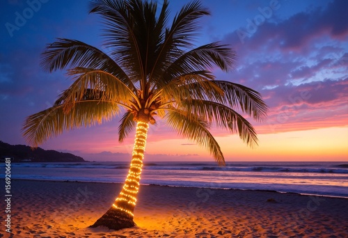 Fototapeta Naklejka Na Ścianę i Meble -  Christmas lights on a palm tree at sunset on the beach