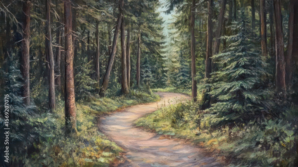 Fototapeta premium A serene forest path winding through tall trees and lush greenery.
