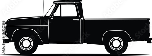 Silhouette of a classic black pickup truck, side view, with white outlines.