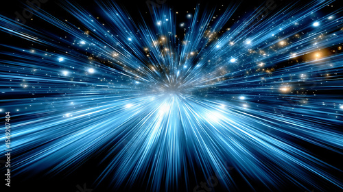 A dynamic abstract background of blue and gold light trails moving at high speed, representing a futuristic starburst or data explosion.
