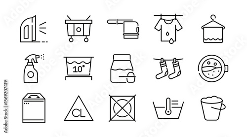 Laundry linear icon set. Wash, cleaning, service, dirty shirt, hand washing, machine, dryer, housework, dirty, washing machine, shirt, iron, hanger, clothes, vector icon set. UI thin line icon pack