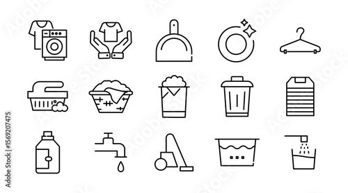 Laundry linear icon set. Wash, cleaning, service, dirty shirt, hand washing, machine, dryer, housework, dirty, washing machine, shirt, iron, hanger, clothes, vector icon set. UI thin line icon pack