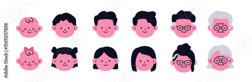 Face icons set, different ages from baby to senior. Male and female characters from infant, child, young adult to mature, old, elderly people. Flat vector illustration isolated on white background