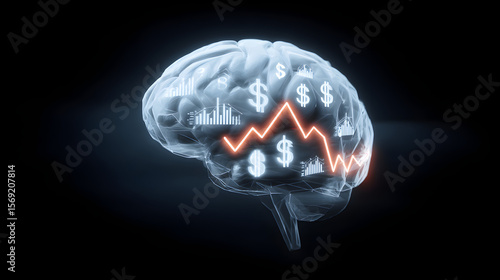 Transparent brain with dollar signs and stock charts with a red line on a black background