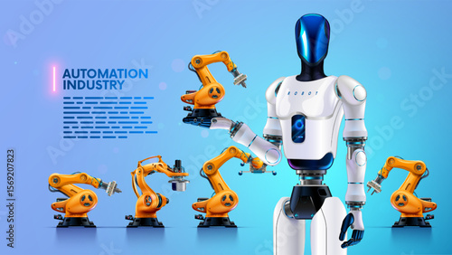 A humanoid robot with AI stands surrounded by industrial robots and holds an industrial robotic arm in the palm of his hand. Future automation industry concept. Anthropomorphic cyborg on factory.