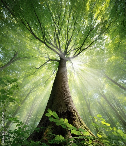 Lush forest canopy, sunlight beams, towering tree