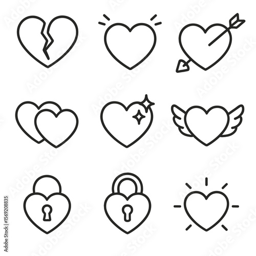 Heart Icon Set. Outline style icons of Heart Icons Silhouette: broken heart, beating heart, arrow through heart, layered hearts,