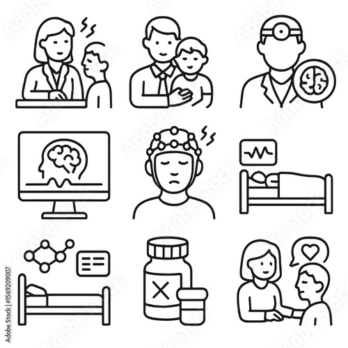 Medical Sleepwalking Support Icons. Outline style icons of Medical Support for Sleepwalking: sleep therapist, pediatric
