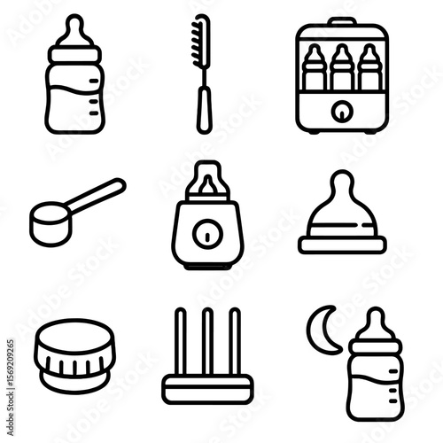 Bottle Feeding Essentials. Outline style icons of Bottle Feeding Silhouette: baby bottle with milk, nipple brush, sterilizer