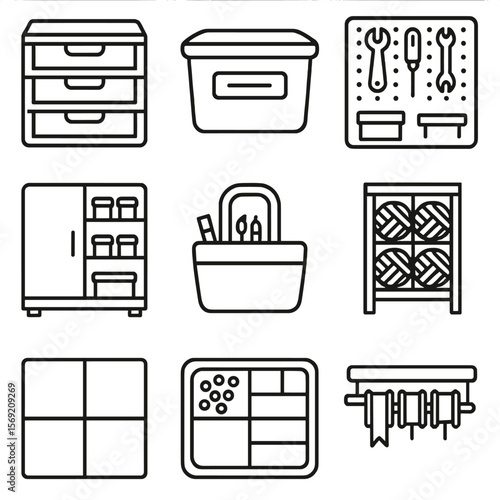 Craft Storage Icons. Outline style icons of Craft Storage and Organization: drawer organizer, labeled container, pegboard with