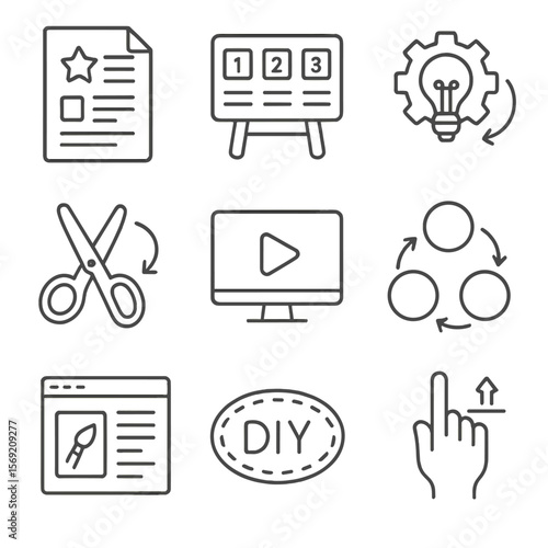 Craft Tutorial Icons. Outline style icons of Craft Tutorial and Guides: instruction sheet, step-by-step board, how-to icon,