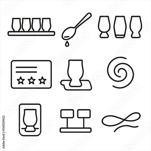 Drink Tasting Icons. Outline style icons of Drink Tasting Set Silhouette: flight tray, sample glasses, tasting spoon with sip,