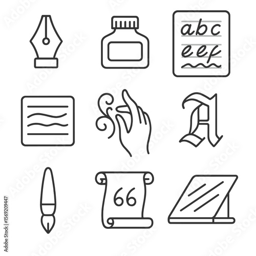 Calligraphy Tools Icons. Outline style icons of Calligraphy: nib pen, ink bottle, alphabet guide, practice lines, hand flourish,