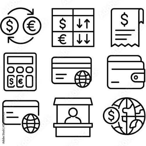 Currency Exchange Icons. Outline style icons of Currency Exchange Payment: currency arrows, dollar and euro icon, conversion rate