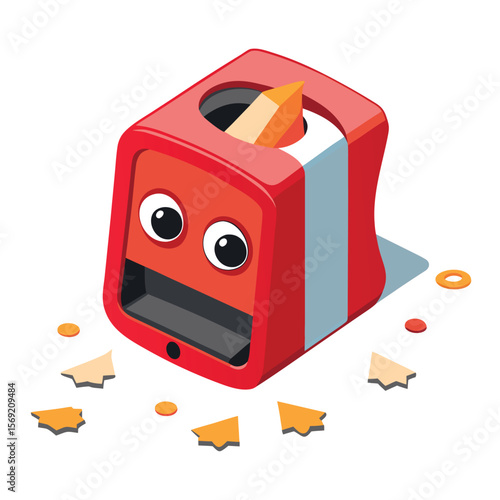 A smiling pencil sharpener with shavings and a broken pencil, a symbol of school, creativity, and the process of making things new.