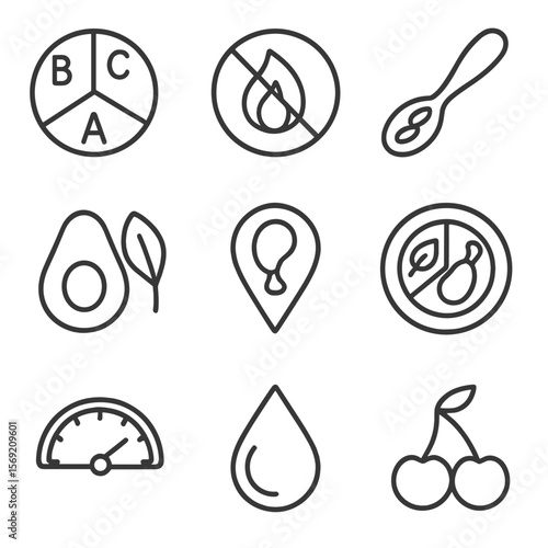 Salad Nutrition Icons. Outline style icons of Salad Nutrition: vitamins chart, low-calorie icon, fiber spoon, healthy fat icon,