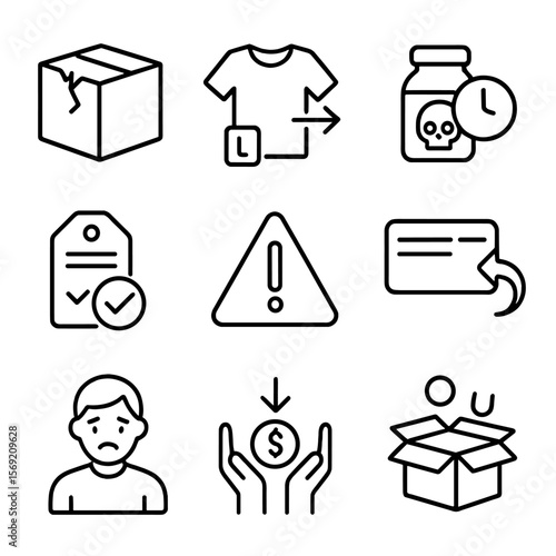 Product Return Icons. Outline style icons of Product Return Reason: broken item box, wrong size icon, expired product symbol, not