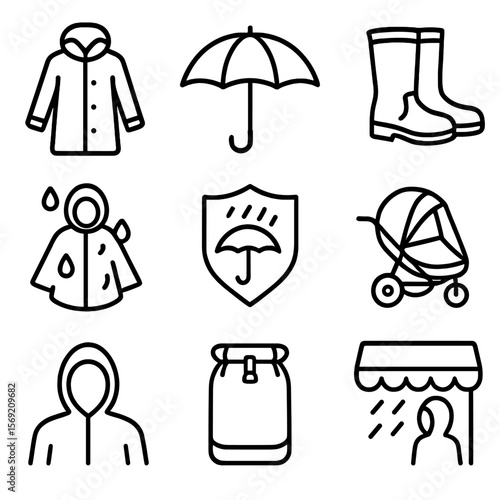 Rain Protection Icons. Outline style icons of Rain Protection: raincoat outline, umbrella open, waterproof boots, poncho with