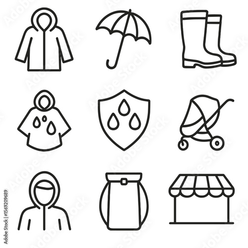 Rain Protection Icons. Outline style icons of Rain Protection: raincoat outline, umbrella open, waterproof boots, poncho with