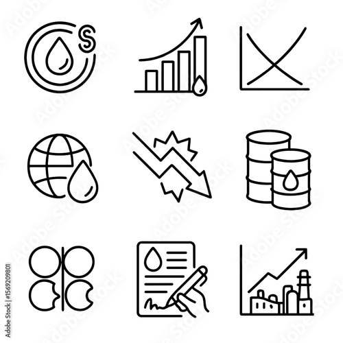 Oil Economics Icons. Outline style icons of Oil Economics: energy economy symbol, GDP oil chart, supply-demand curve, global oil