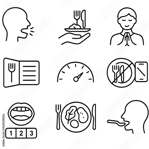 Mindful Eating Icons. Outline style icons of Mindful Eating: slow chew icon, portion awareness, gratitude before meal, eating